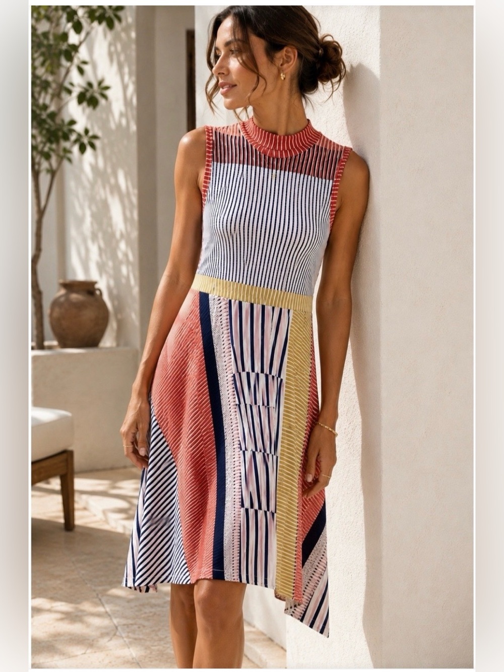 Anthropologie Maeve Cleary Striped Mock Neck Jersey Midi Dress S
